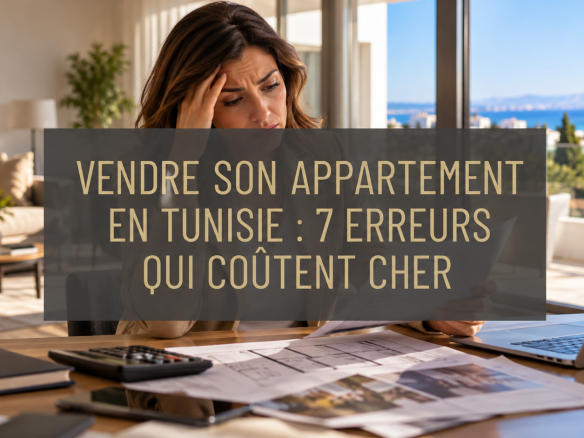 Salon lumineux et rangé d'un appartement à Tunis, baie vitrée, décoration neutre. Alt : « Vendre son appartement en Tunisie : salon lumineux prêt pour les visites »