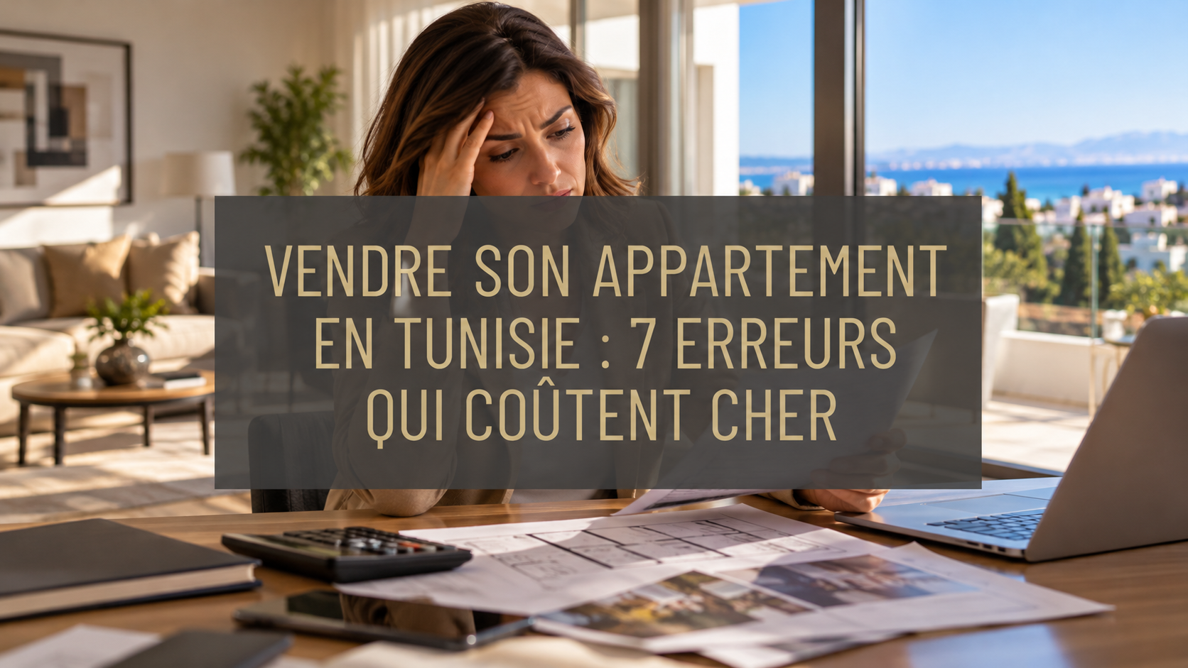 Salon lumineux et rangé d'un appartement à Tunis, baie vitrée, décoration neutre. Alt : « Vendre son appartement en Tunisie : salon lumineux prêt pour les visites »